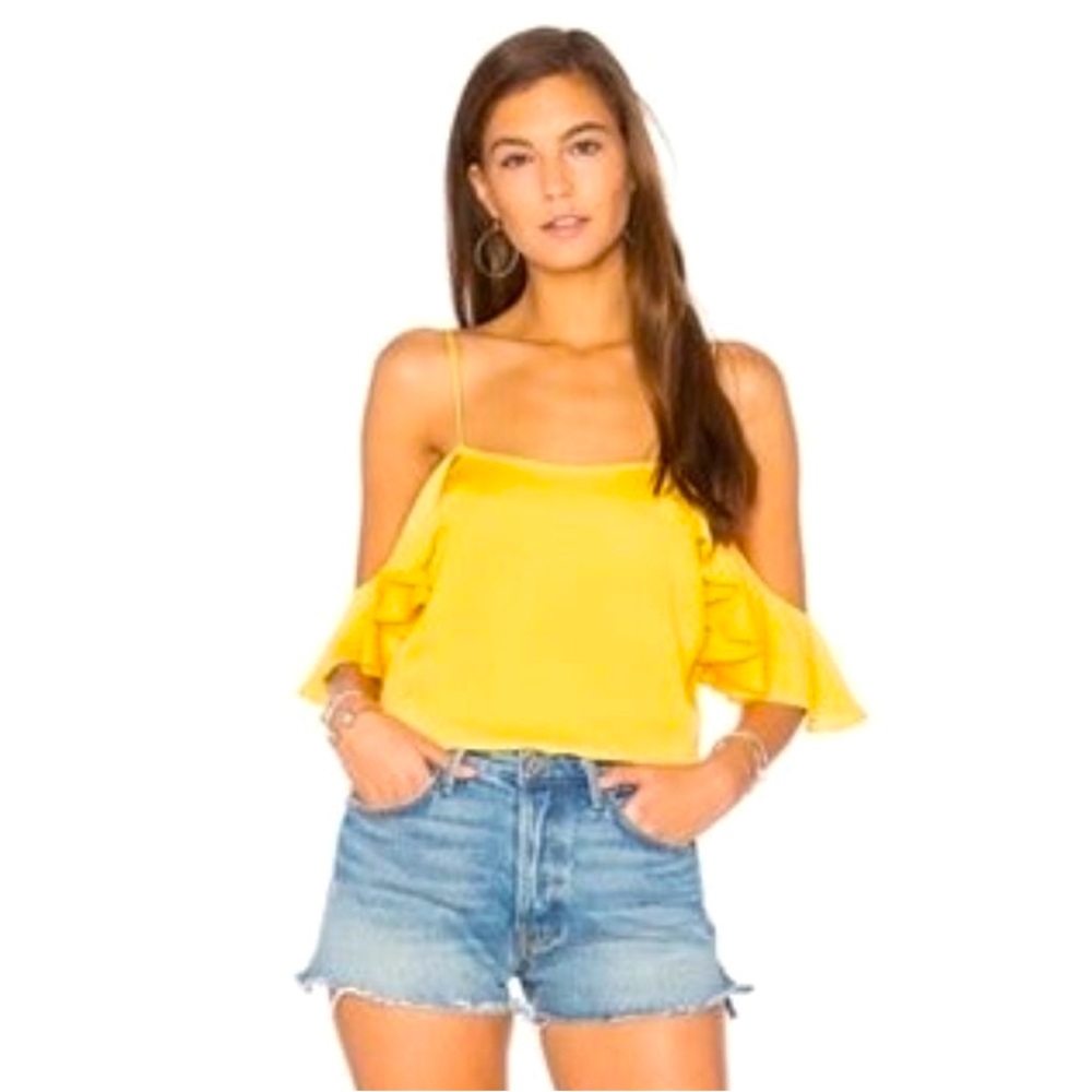 L'Academie X Revolve Marigold Yellow Off-Shoulder Ruffle Satin Cami Top S